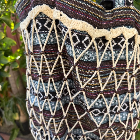 Boho Woven Tote Bag in Multicolor with Cream Crochet Overlay - Picture 2 of 6